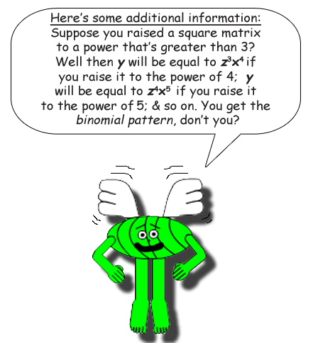 Here's some additional information: Suppose you raised a square matrix to a power that's greater than 3? Well then y will be equal to z^3 * x^4 if you raise it to the power of 4;  y will be equal to z^4 * x^5 if you raise it to the power of 5 & so on. You get the binomial pattern, don't you?