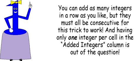 Miss One says "You can add as many integers in a row as you like, but they must all be consecutive for this trick to work! And having only one integer in the 'Added Integers' column is out of the question!"