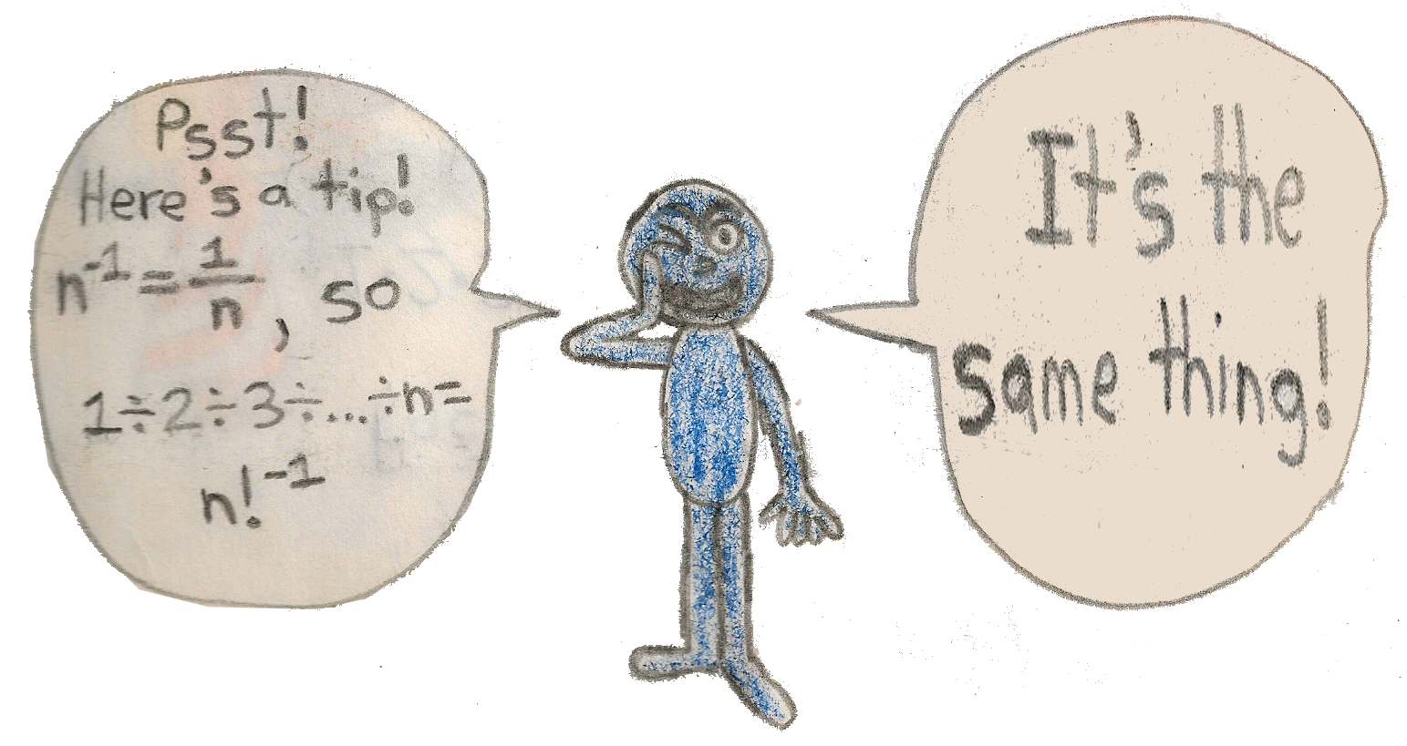 Psst! Here's a tip! n^(-1) = 1/n, so 1 ÷ 2 ÷ 3 ÷ ... ÷ n = n!^(-1) It's the same thing!